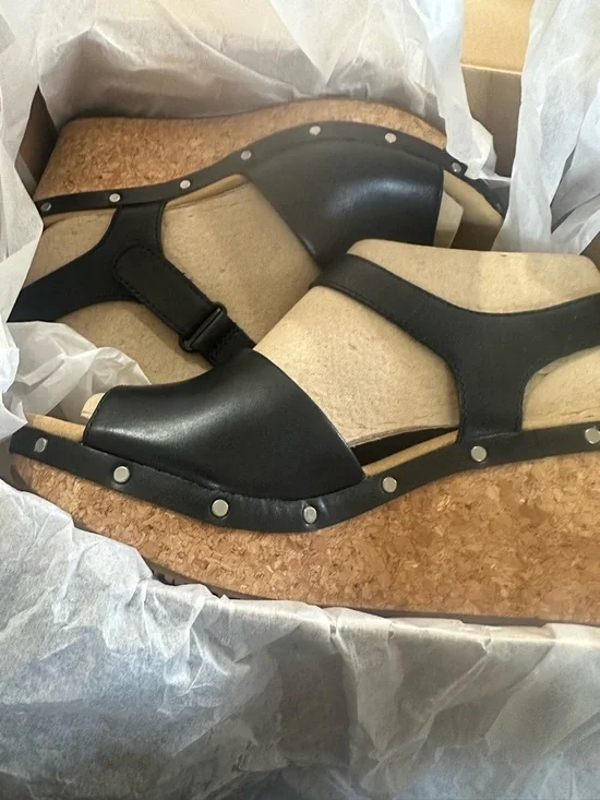 Clarks Black Leather Cork Wedge Sandal - Picture 14 of 14